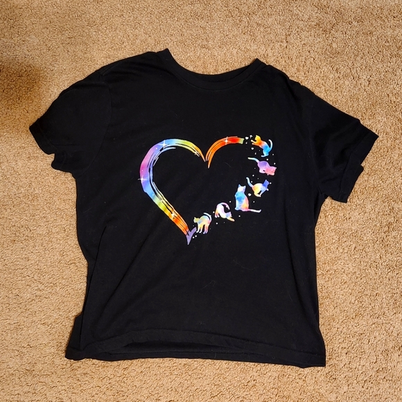 Rainbow Cat Heart Black T-Shirt - Picture 1 of 1